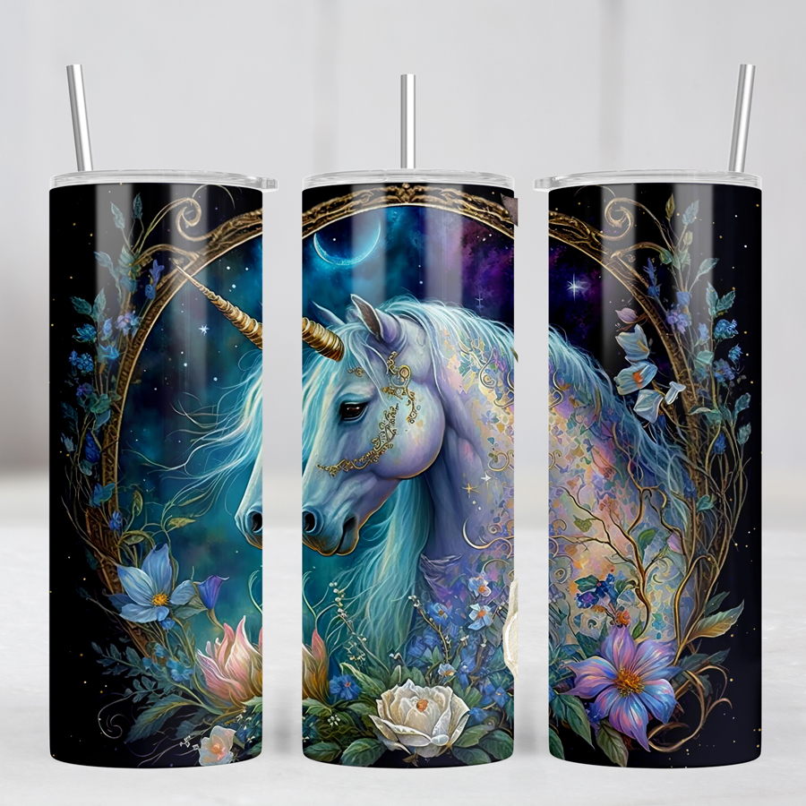 Three skinny tumblers with metal straw displaying a uniicorn print.