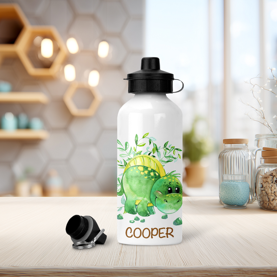 Aluminium water bottle featuring a cute Spinosaurus and name.