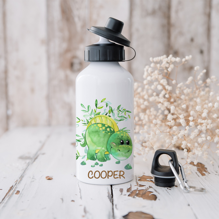 Aluminium drink bottle featuring a cute Spinosaurus.