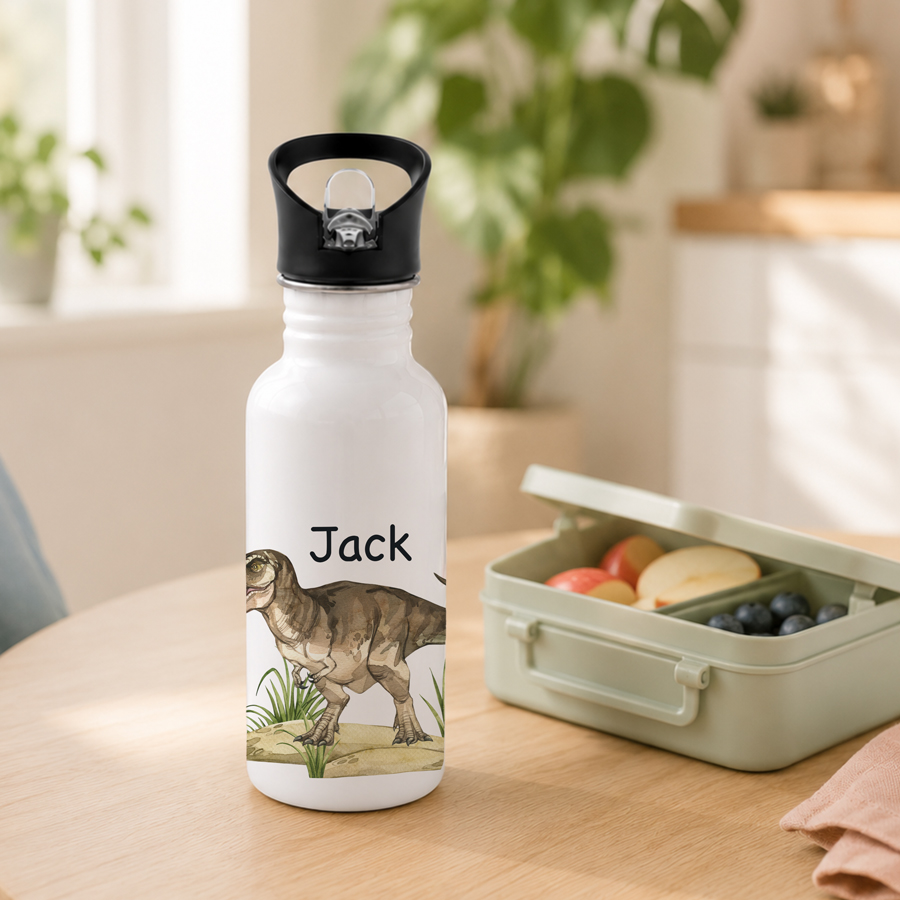 Stainless steel water bottle featuring a T-Rex and name.