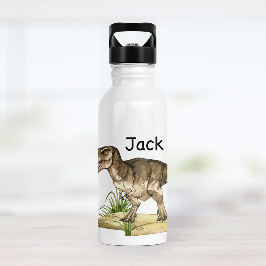 Personalised T-Rex water bottle.