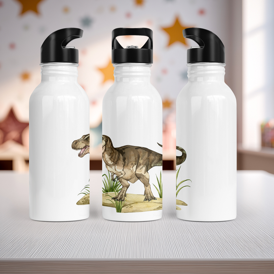 Stainless steel water bottle with straw featuring a Tyrannosaurus.