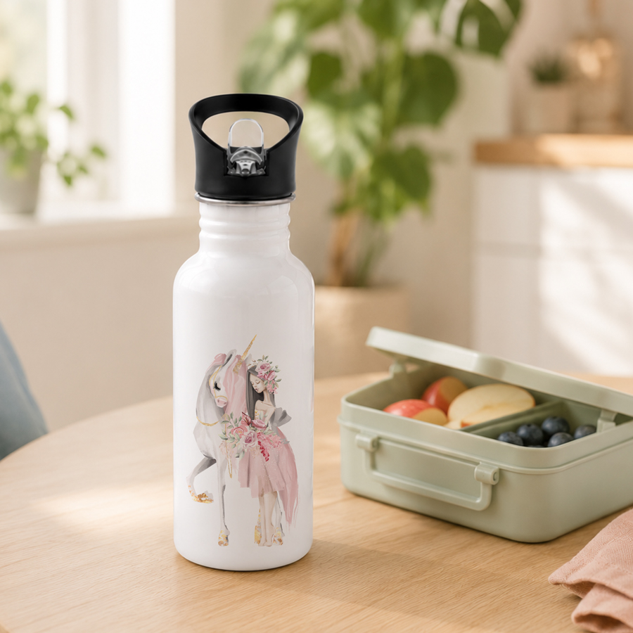 White stainless steel water bottle featuring a unicorn and princess.