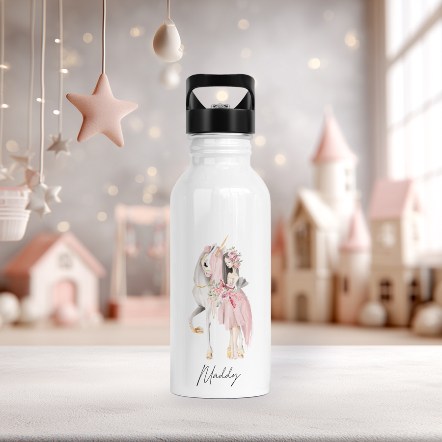 Personalised white stainless steel water bottle featuring a unicorn and princess.
