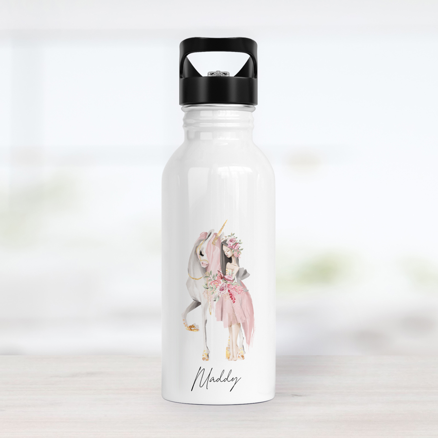 Personalised unicorn princess drink bottle.