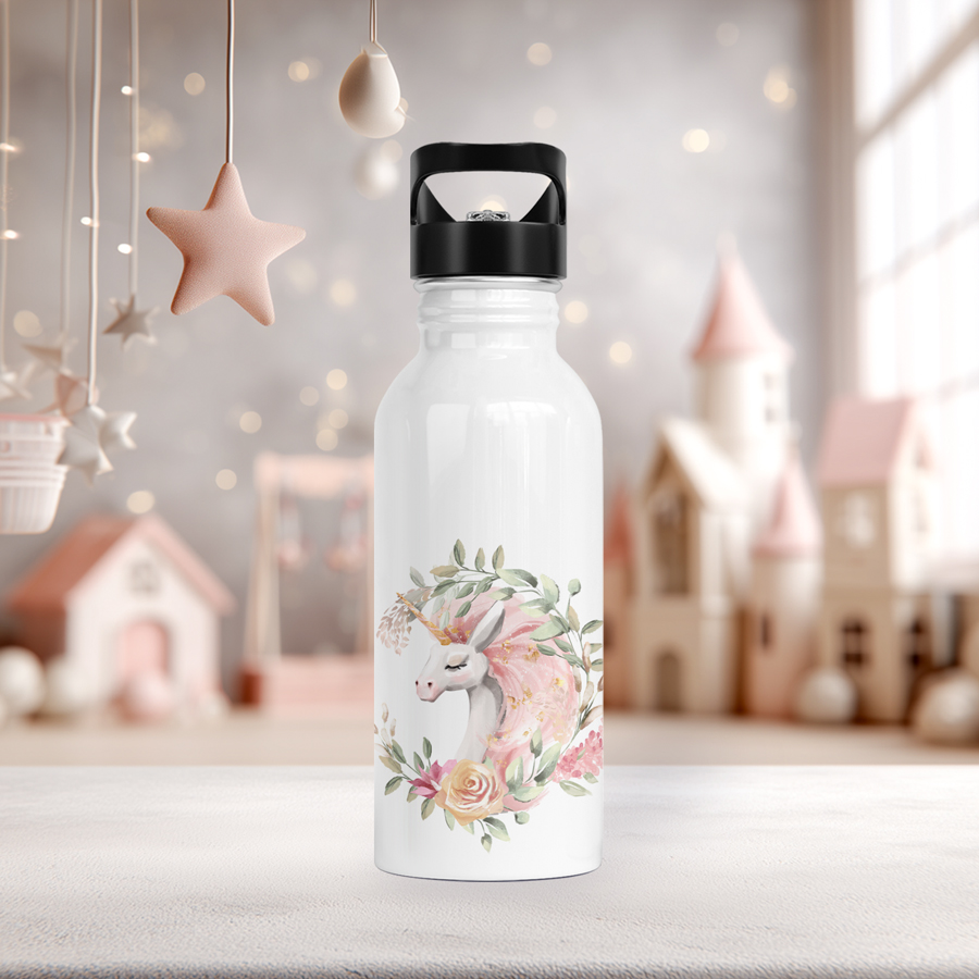 White stainless steel drink bottle featuring a unicorn in a wreath.