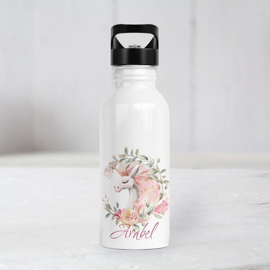 Personalised floral unicorn in wreath water bottle.