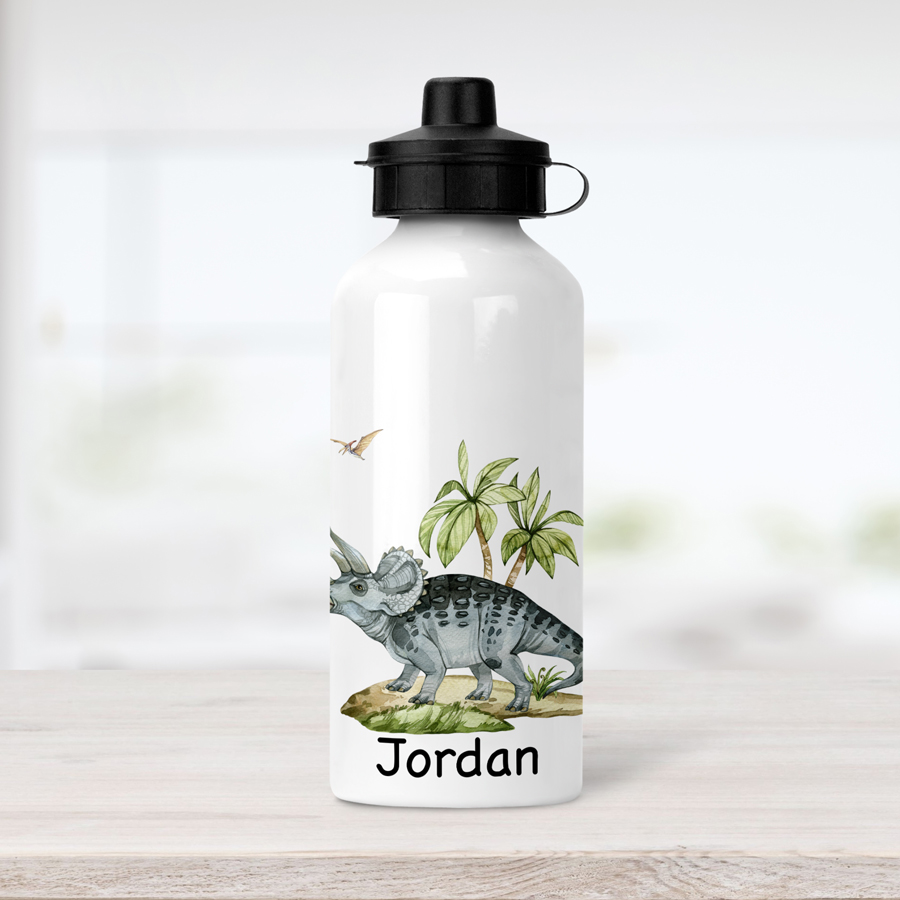 Personalised Triceratops water bottle.