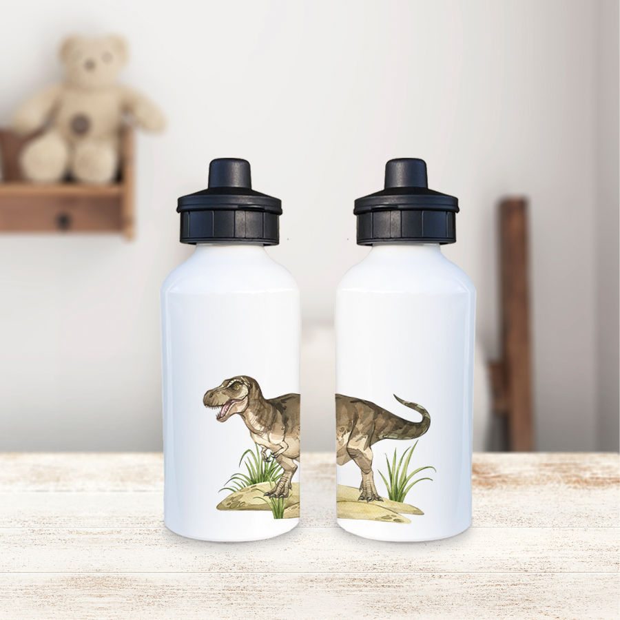 Two water bottles featuring T-Rex.