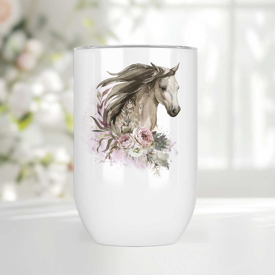 White wine tumbler featuring a floral horse.