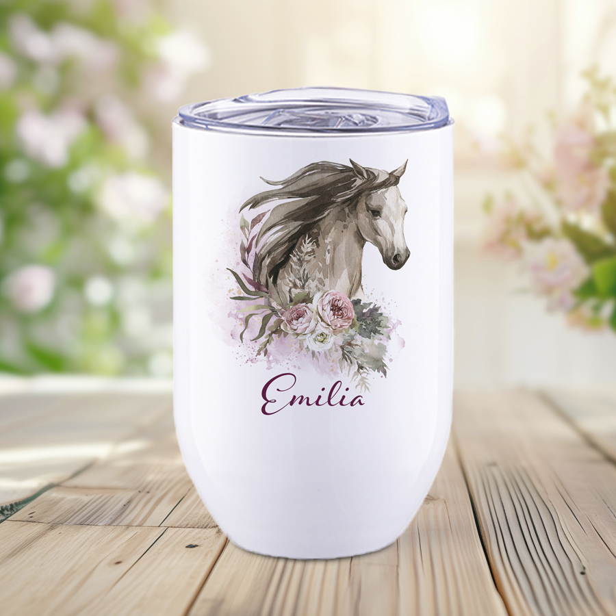 Personalised white wine tumbler featuring a floral horse.