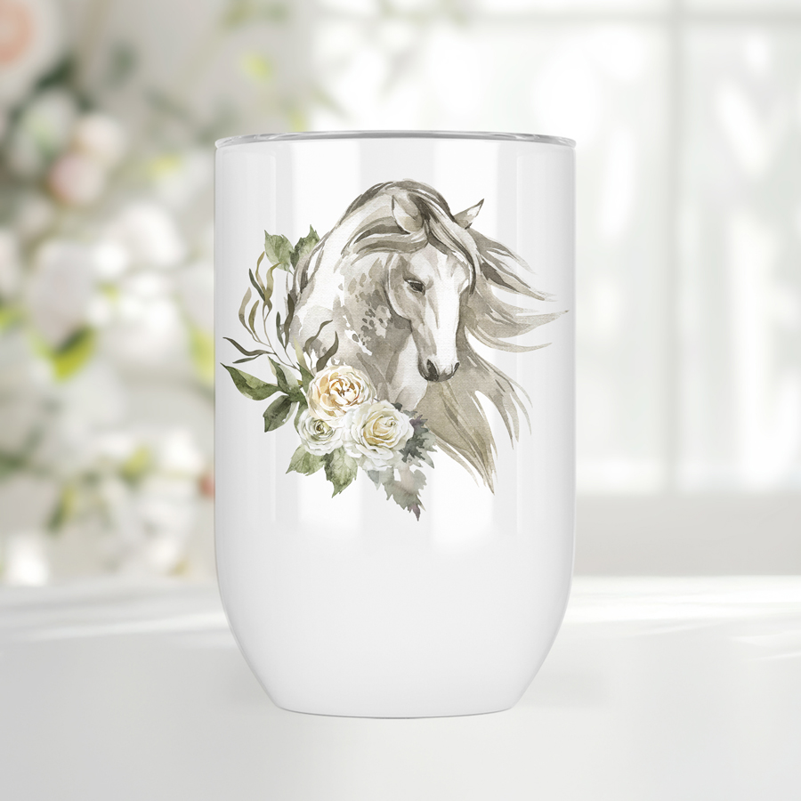 White wine tumbler featuring a horse with white roses.