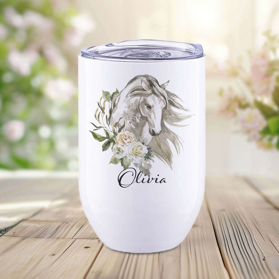 Personalised white wine tumbler featuring a horse with white roses.