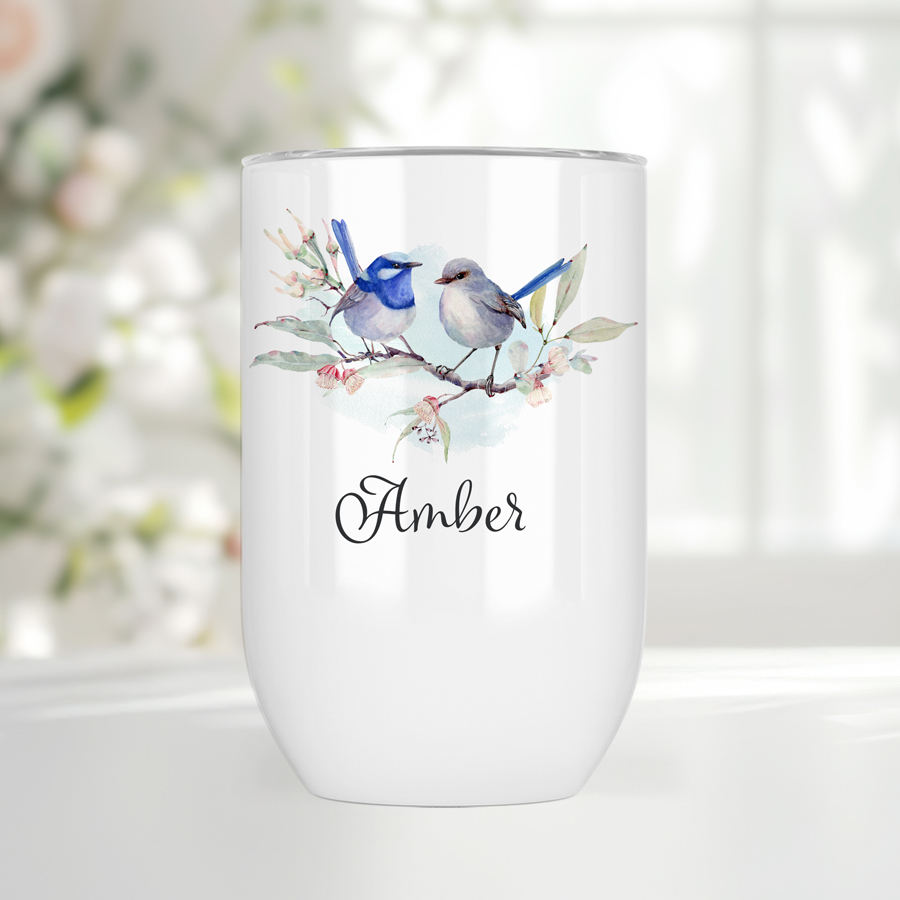 Personalised wren wine tumbler.