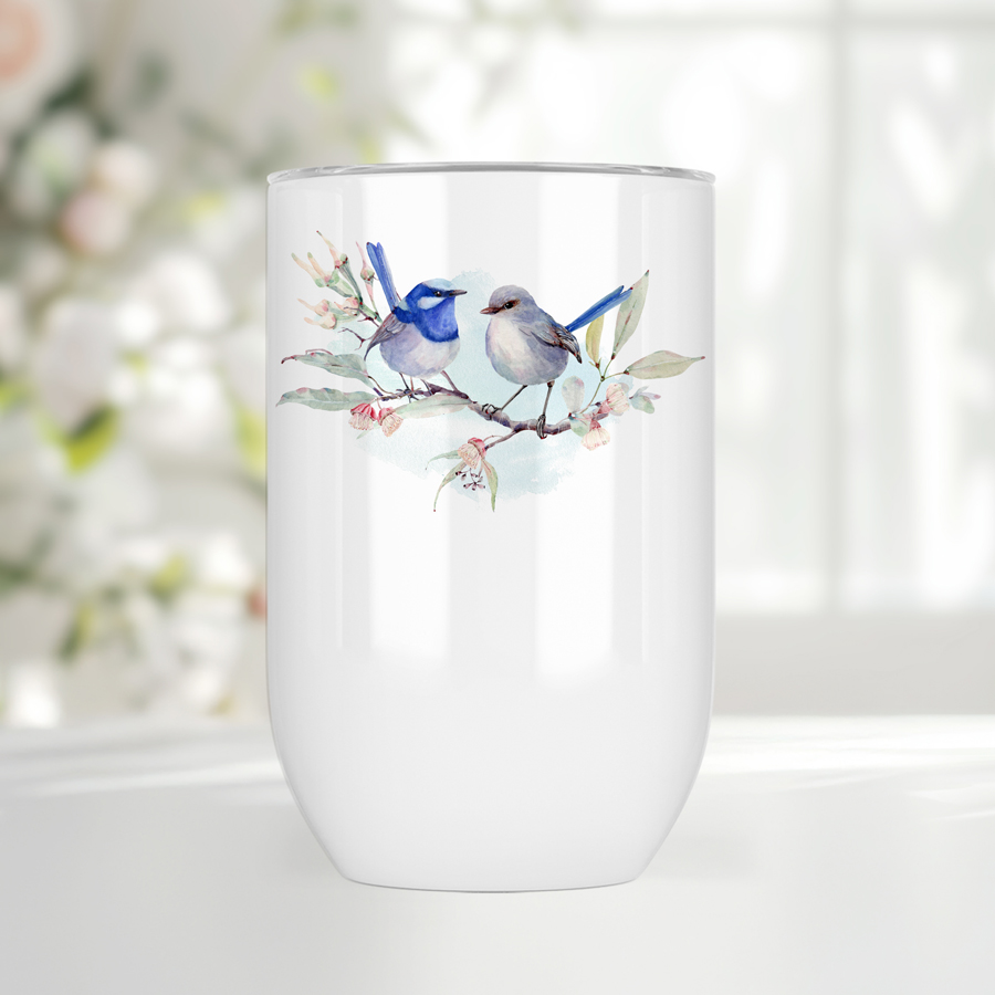White wine tumbler featuring fairy-wrens.