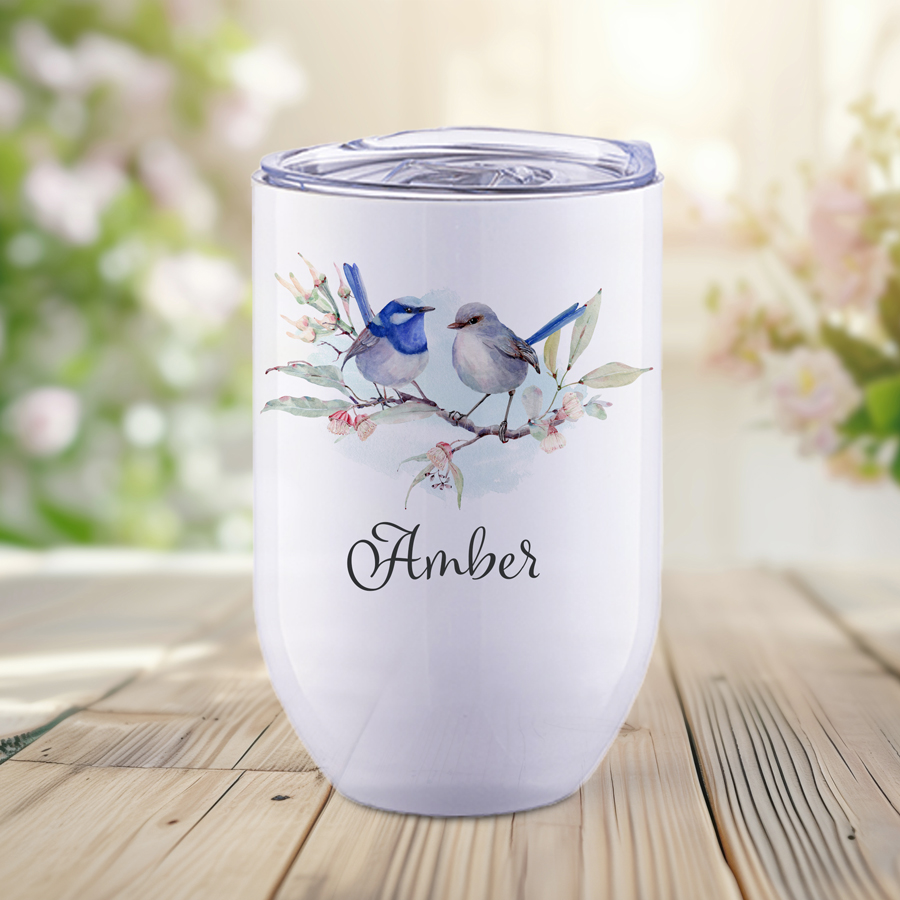 Personalised White wine tumbler featuring fairy-wrens.